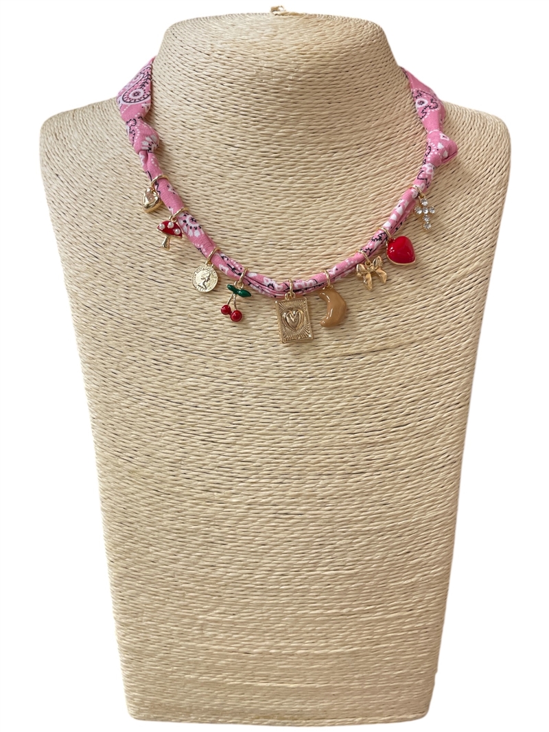 1NUN2138  CHERRY  CHARMS PINK  SCARF NECKLACE