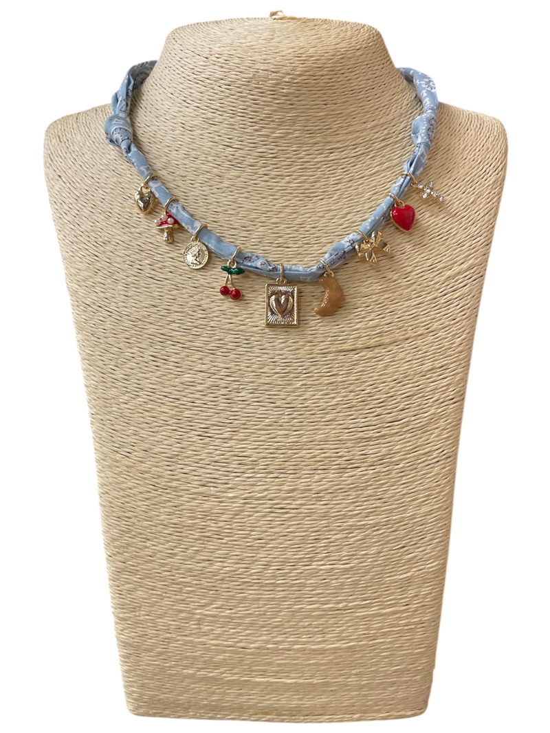 1NUN2138B  CHERRY  CHARMS BLUE  SCARF NECKLACE