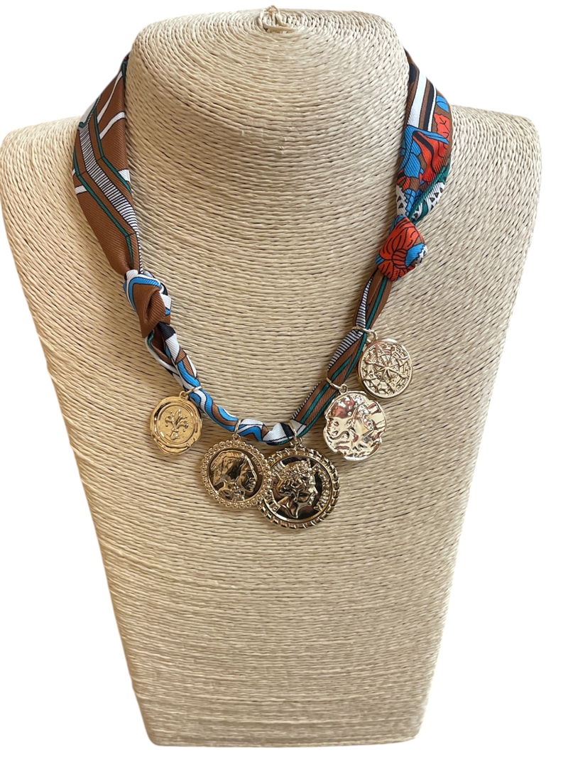 1NUN2140  COIN CHARMS BROWN  SCARF NECKLACE