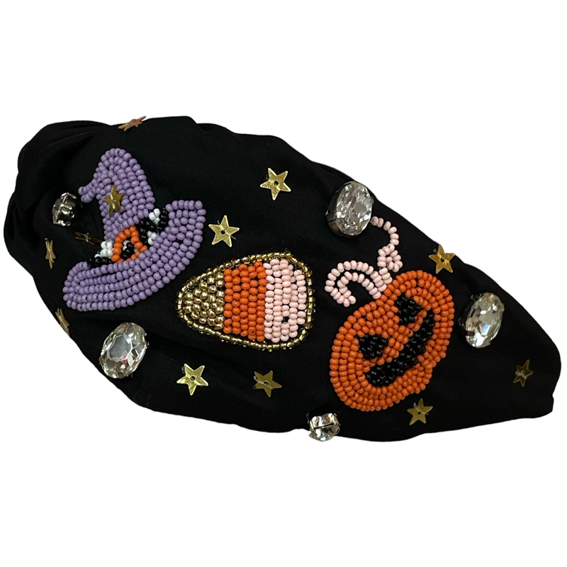 20-0279 BLACK SEED BEAD WITCH HAT & PUMPKIN HEADBAND