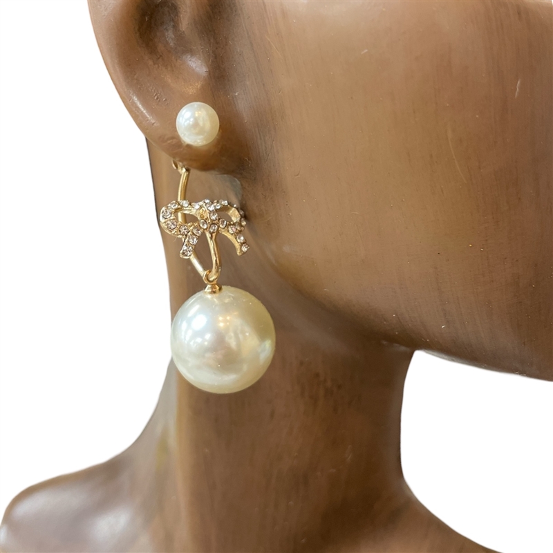 24426 RHINESTONE BOW & PEARL DROP SMALL HOOP EARRINGS EARRINGS