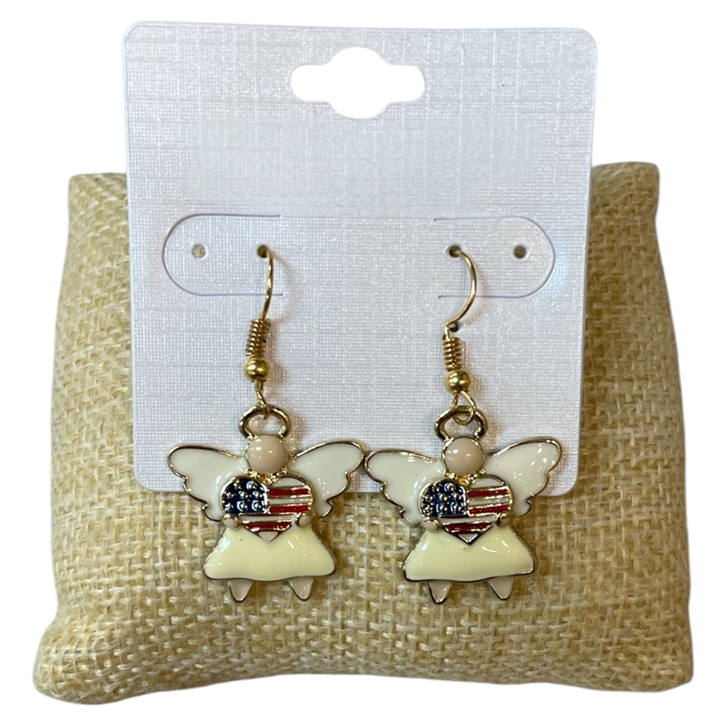 24628 GOLD AMERICAN FLAG HEART ANGEL POST EARRINGS
