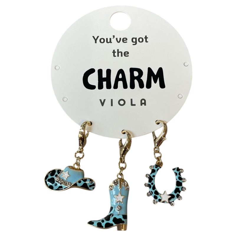 25-0154T COW PRINT TURQUOISE 3 PIECE WESTERN MULTI CHARM SET