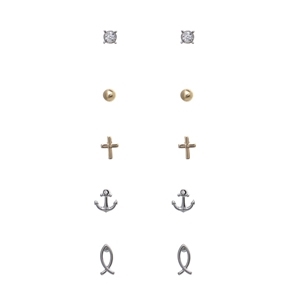 25145 TWO TONE RELIGIOUS MULTI 5 PAIR SET STUD EARINGS