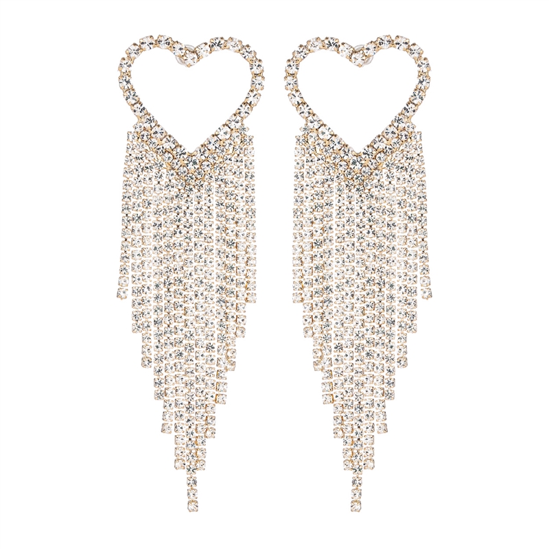 26662VCR RHINESTONE HEART FRINGE DANGLE EARRINGS