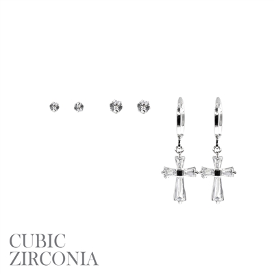 26951 SILVER STUDS AND CROSS SET OF 3 EARRINGS