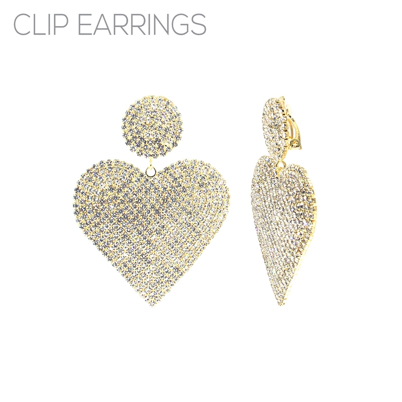 27037CR LARGE RHINESTONE HEART POST CLIP-ON EARRINGS