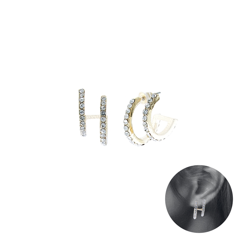 27219CR RHINESTONE PLAIN GOLD DOUBLE HOOP EARRING