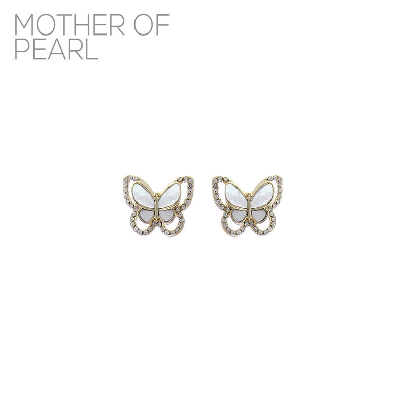 27455W MOTHER OF PEARL RHINESTONE BUTTERFLY STUD EARRINGS