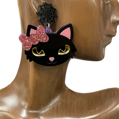 28234 PINK  BLACK CAT FACE  EARRINGS