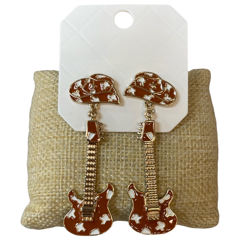 28336 COWBOY HAT AND GUITAR COW PRINT DANGLE EARRINGS