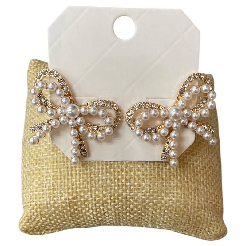 28566 LARGE PEARL & RHINESTONE BOW STUD EARRINGS