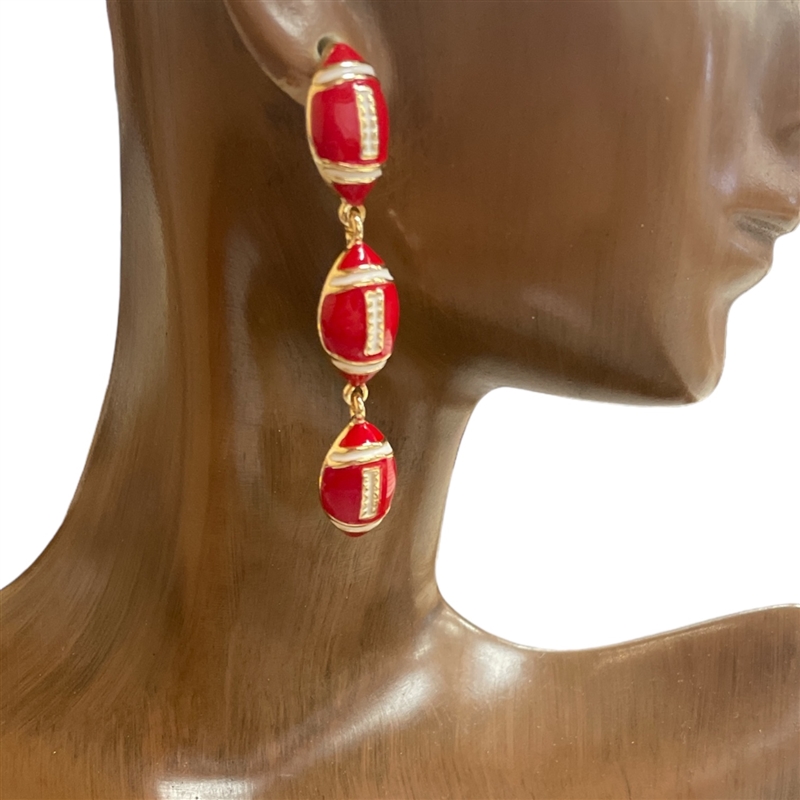 28725R  RED WHITE FOOTBALL EARRINGS