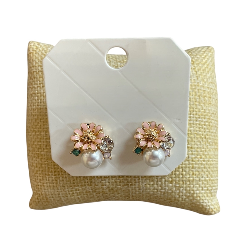 29042 PINK FLOWER & RHINESTONE PEARL STUD EARRINGS