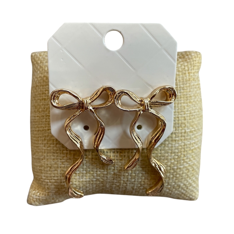 29098 GOLD WAVED LONG BOW STUD EARRINGS