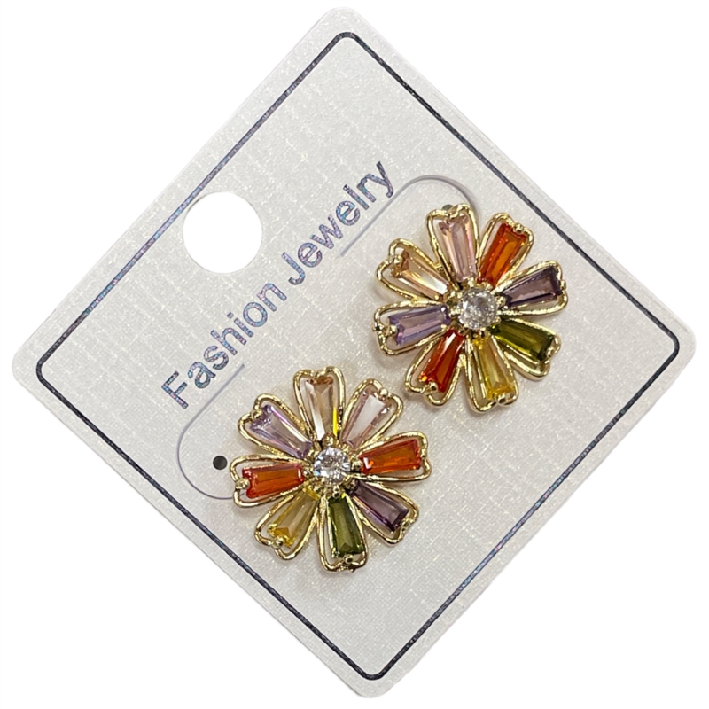 295DM  GOLD MULTI RHINESTONE FLOWER EARRINGS