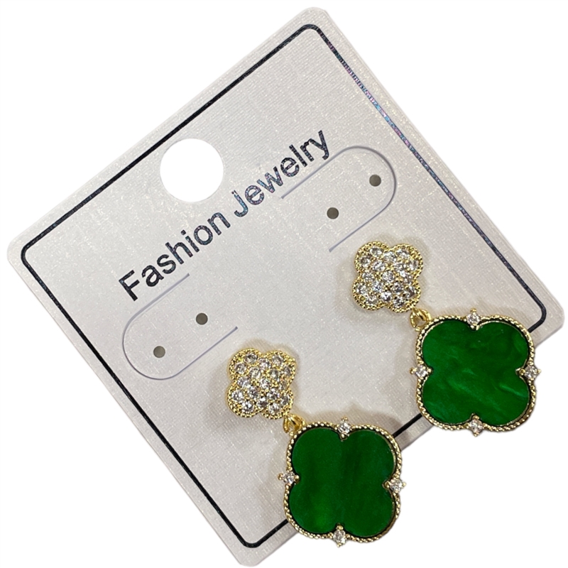 295EG  GOLD & GREEN RHINESTONE CLOVER EARRINGS