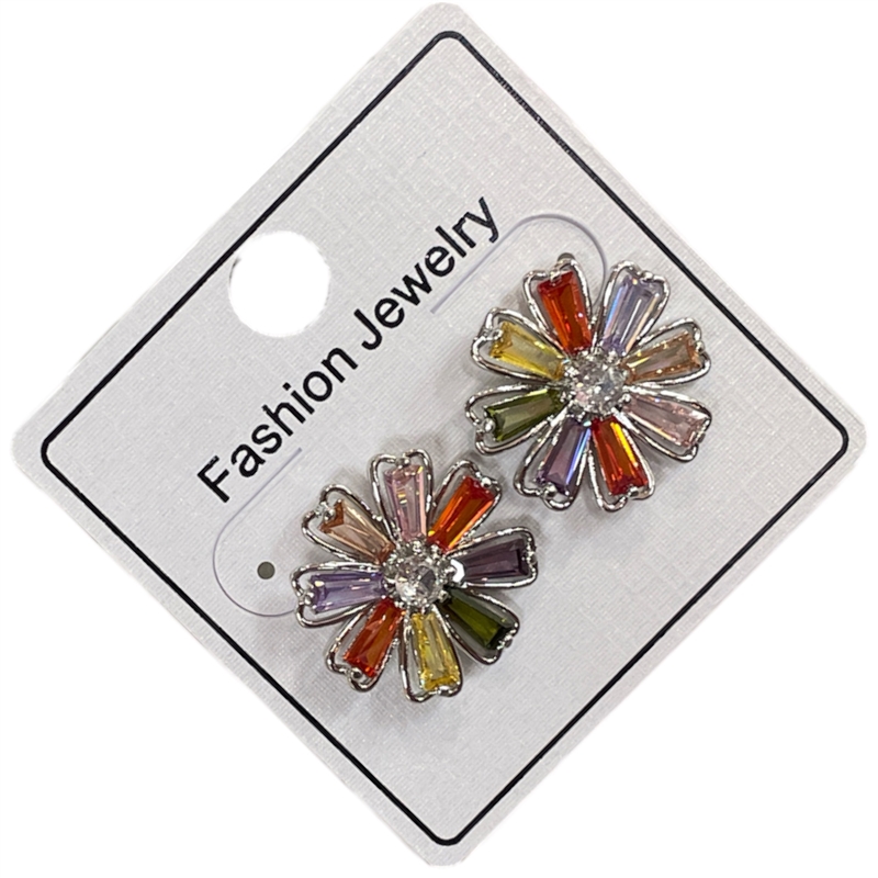 295ME  SILVER MULTI RHINESTONE FLOWER EARRINGS