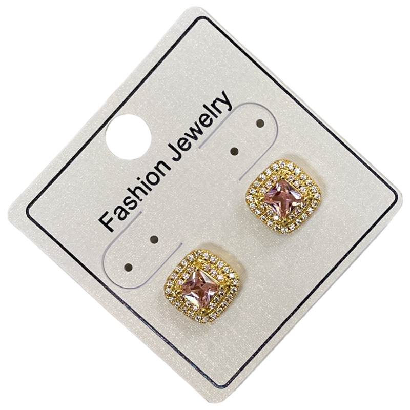 295QPG  GOLD PINK RHINESTONE SQUARE EARRINGS