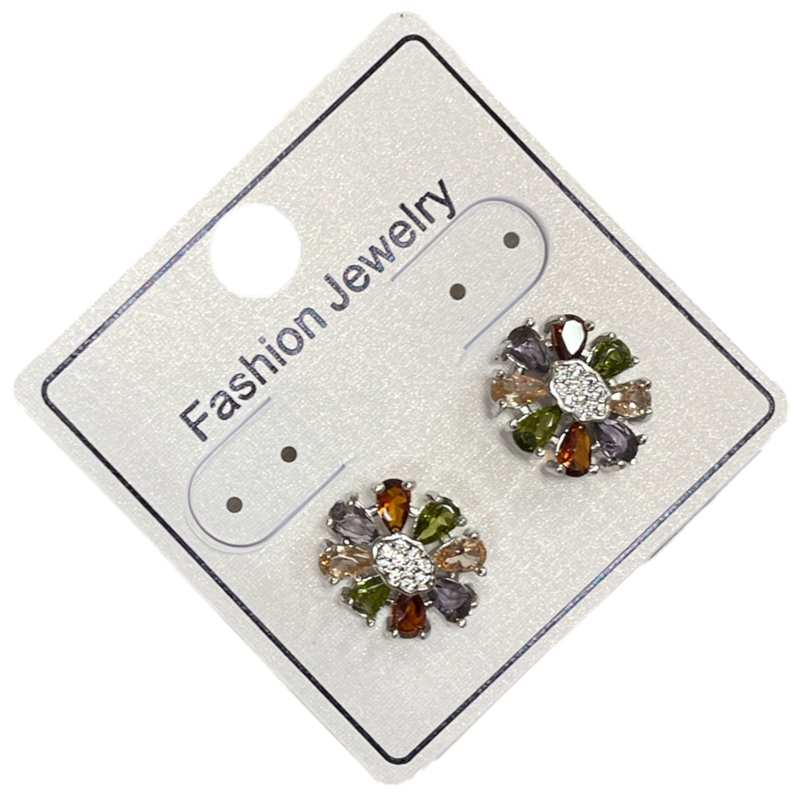 295SB  SILVER MULTI RHINESTONES FLOWER EARRINGS