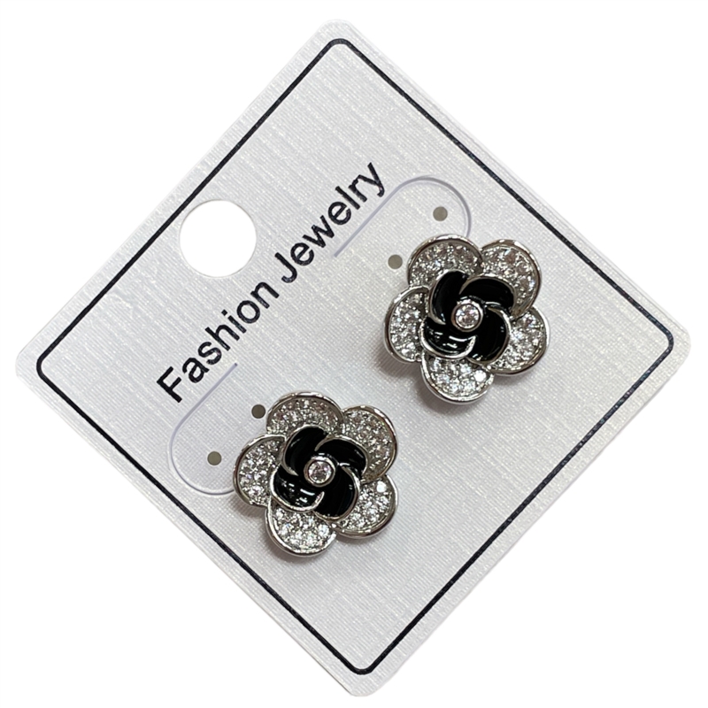 295SBL SILVER BLACK FLOWER EARRINGS