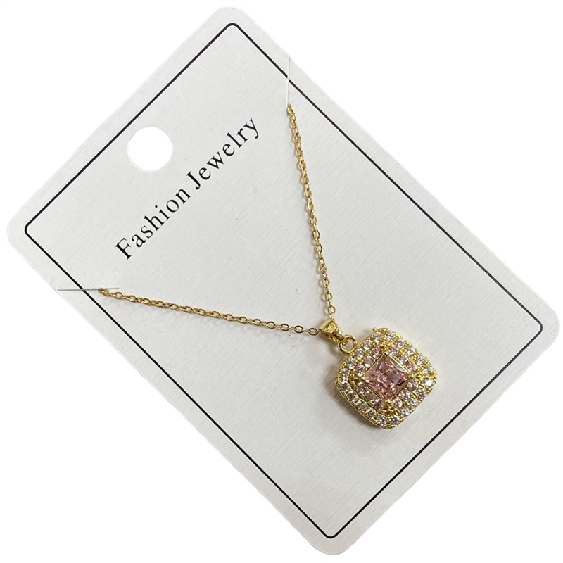 295SPQ  GOLD PINK RHINESTONE SQUARE NECKLACE