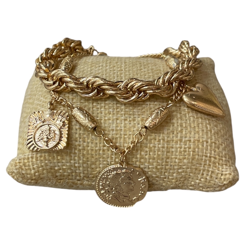 2NDB5007 MATTE GOLD COIN MULTI CHARMS BRACELET