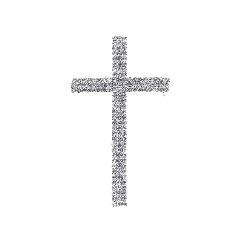 31348 SILVER 3 LINE RHINESTONE CROSS BROOCH