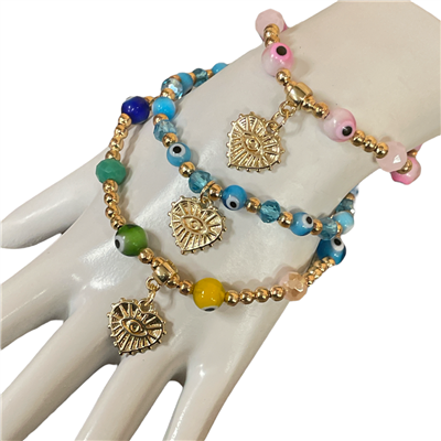 4009EE GOLD HEART EVIL EYE BEADED BRACELET