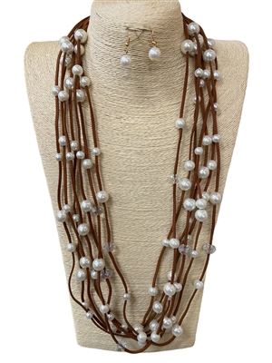 5002P  MULTI LAYERED SUEDE PEARL LONG NECKLACE SET