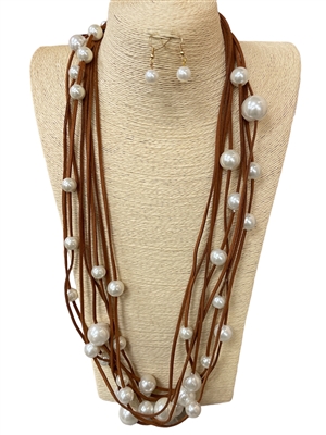 5003P  MULTI LAYERED SUEDE PEARL LONG NECKLACE SET