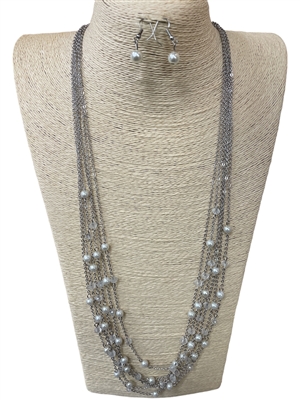 500P MULTI LAYERED CHAIN PEARLS LONG NECKLACE