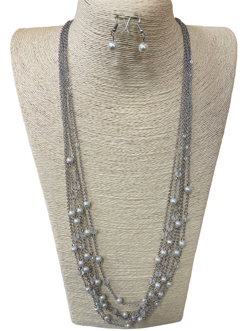 500P MULTI LAYERED CHAIN PEARLS LONG NECKLACE