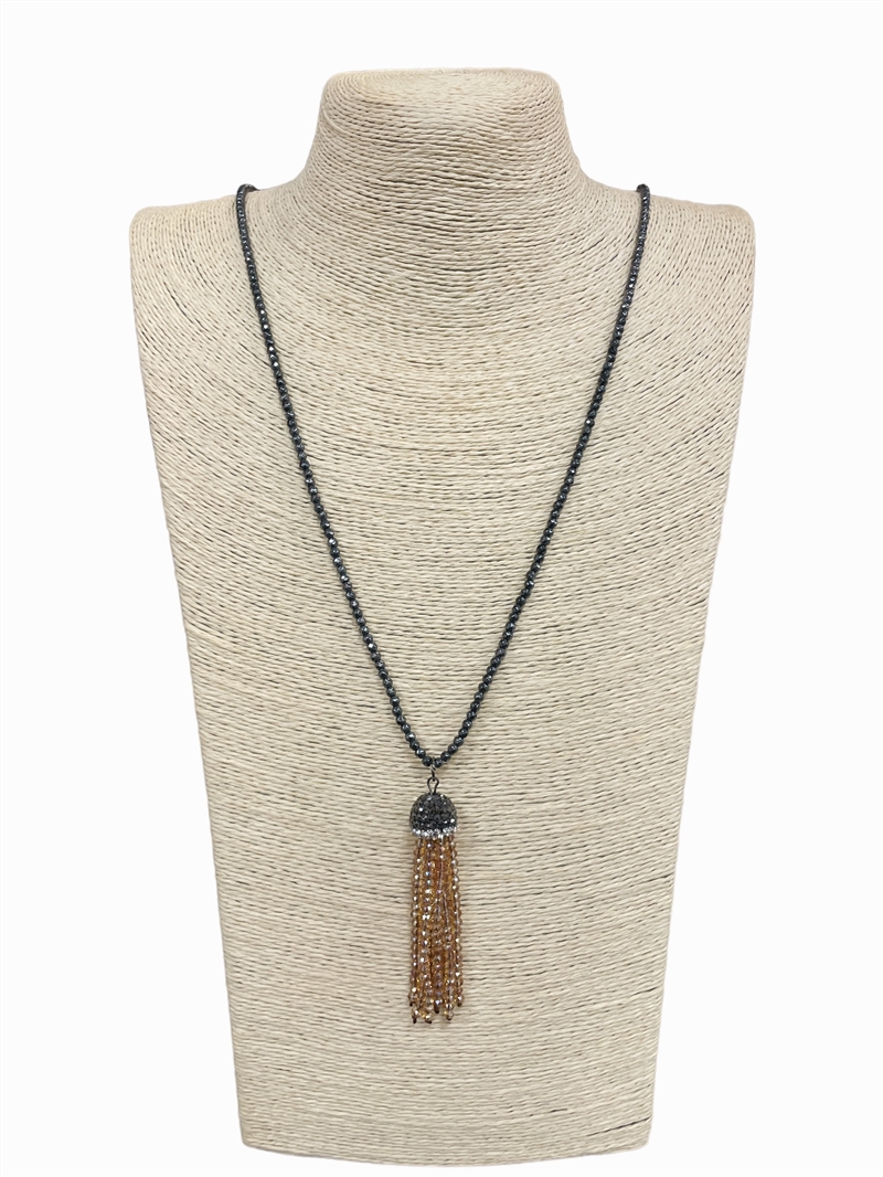 5400CT CLEAR TAN TOPAZ BEADED TASSEL LONG NECKLACE