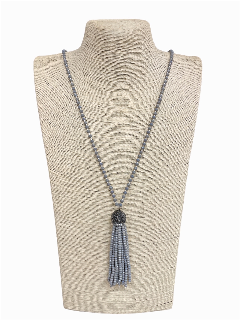 5400GY  GRAY BEADED TASSEL LONG NECKLACE