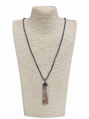 5400TW TAN &WHITE  BEADED TASSEL LONG NECKLACE