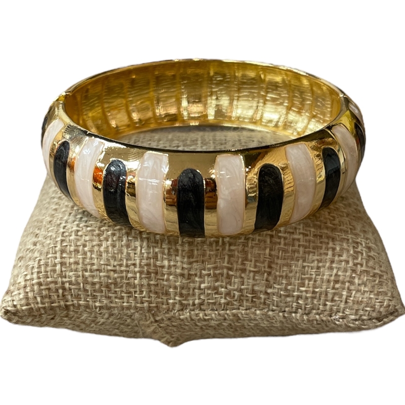 55CHI STRIPED CHARCOAL IVORY ENAMEL GOLD CHUNKY BRACELET