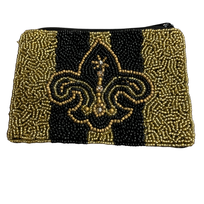 60-0154   BLACK AND GOLD FLOURDELIS SEED BEAD COIN PURSE