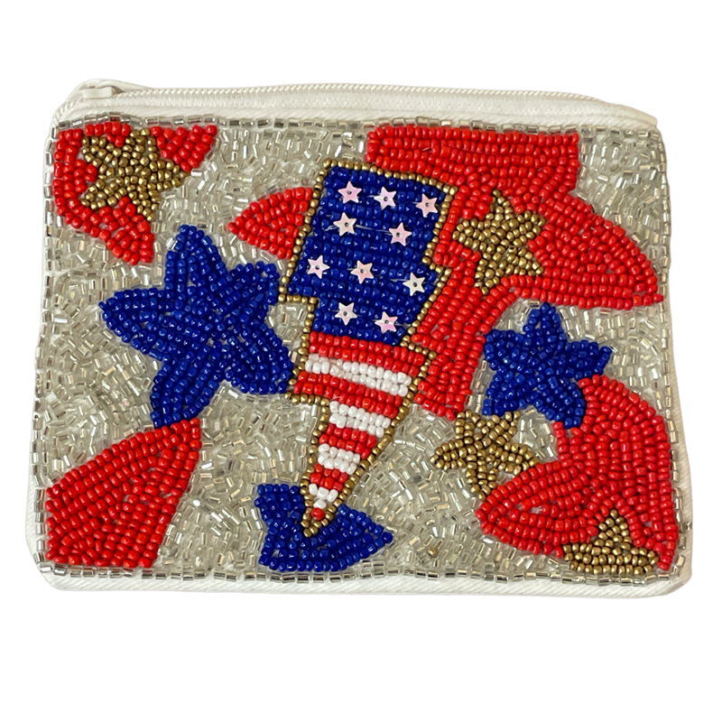 60-0157  AMERICA FLAG COLORS  SEED BEAD ZIP CLOSURE COIN PURSE