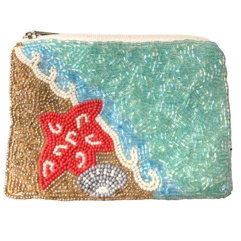 60-0205 STARFISH  SEED BEADS ZIPPER CLOSURE COIN PURSE