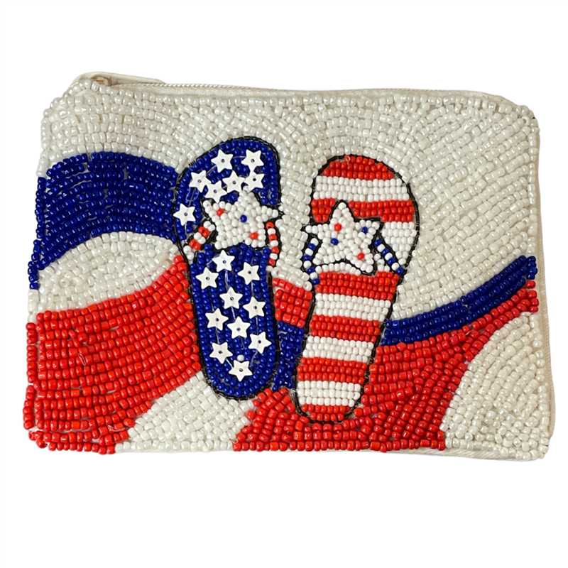 60-0223  SANDALS AMERICA FLAG COLORS  SEED BEAD ZIP CLOSURE COIN PURSE