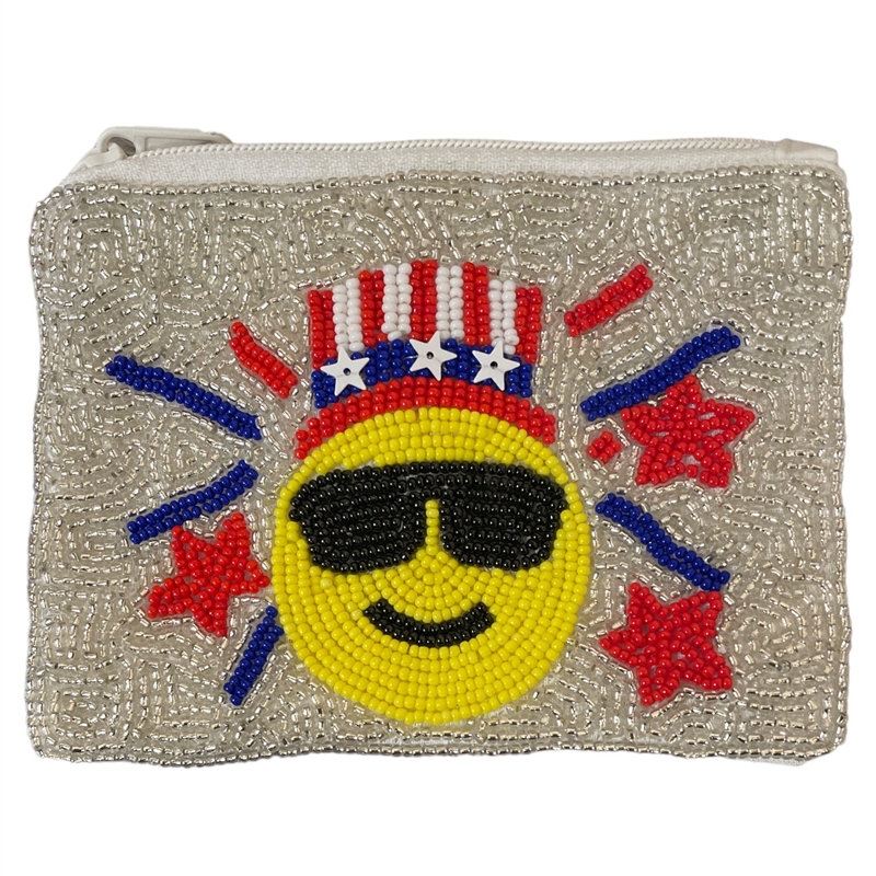 60-0226 HAPPY FACE  SEED BEADS ZIPPER CLOSURE COIN PURSE