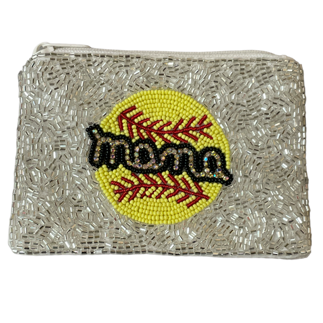 60-0308Y  BASEBALL MAMA  SEED BEAD ZIP CLOSURE COIN PURSE