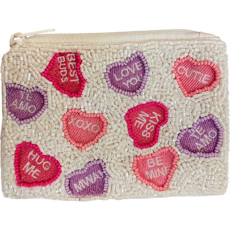 60-0328  MULTI COLOR HEART SEED BEAD ZIP CLOSURE COIN PURSE