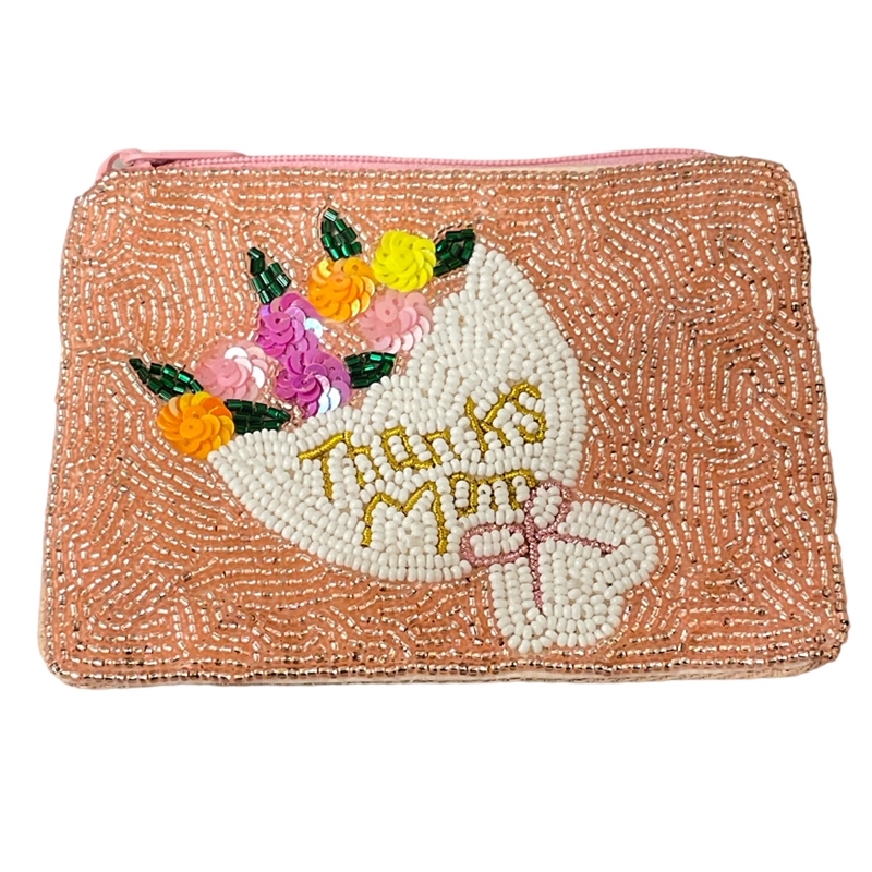 60-0364 THANKS MOM SEED BEAD ZIP CLOSURE COIN PURSE