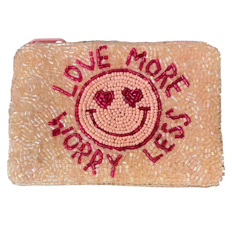 60-0369  LOVE MORE & WORRY LESS  SEED BEAD ZIP CLOSURE COIN PURSE