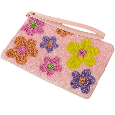 60-0394 FLOWERS SEED BEAD ZIP TOP CLOSURE WRISTLET