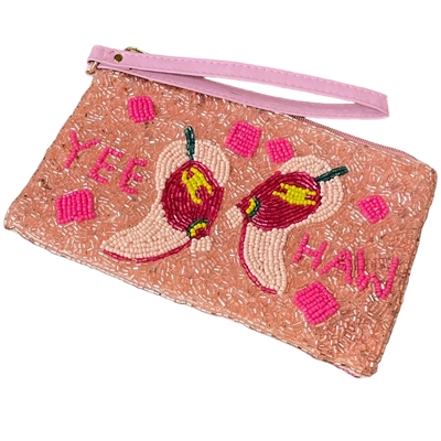 60-0398  PINK BOOTS YEEHAW  SEED BEAD ZIP TOP CLOSURE WRISTLET