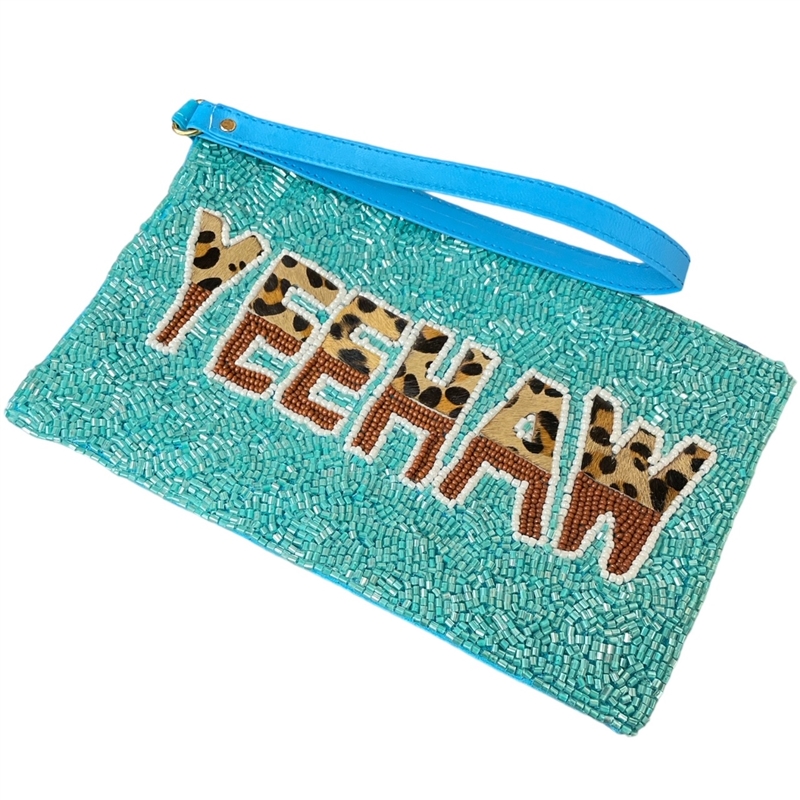 60-0399 BLUE & LEOPARD YEEHAW  SEED BEAD ZIP TOP CLOSURE WRISTLET