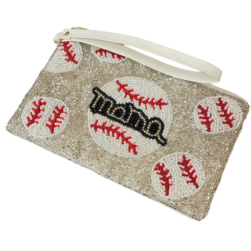 60-0410W WHITE  BASEBALL MAMA  SEED BEAD ZIP TOP CLOSURE WRISTLET